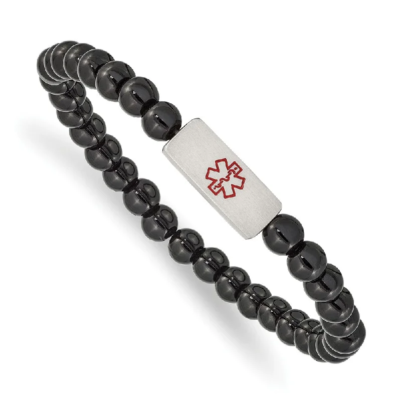 Shop Elegant Jewelry At Unbeatable Prices 6mm Stainless Steel Onyx Bead Enamel Medical I.D. Stretch Bracelet