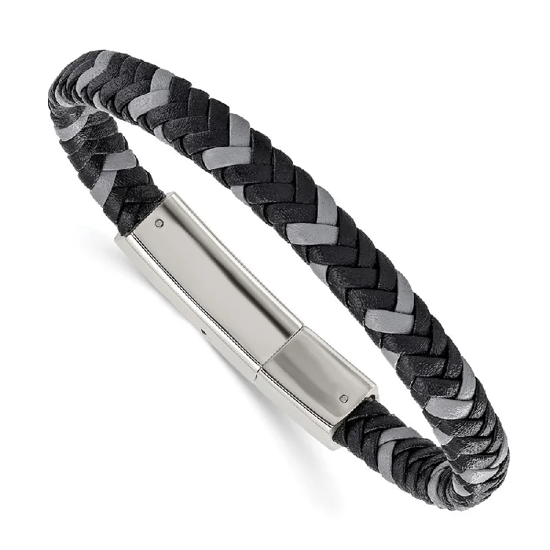 Once-A-Year Jewelry Sale – Grab Your Favorites Now 7mm Stainless Steel, Black & Gray Braided Leather Bracelet, 8 Inch