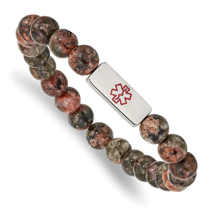 Jewelry Clearance Event – Stock Up Before It's Over 8.5mm Stainless Steel Jasper Bead Enamel Medical I.D. Stretch Bracelet