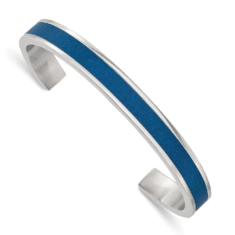 Once-A-Year Jewelry Sale – Grab Your Favorites Now 8mm Stainless Steel & Blue Leather Cuff Bracelet, 7.25 Inch