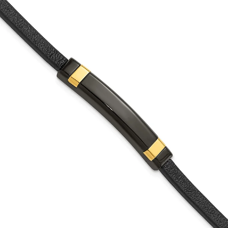 Celebrate Every Occasion With Sparkling Savings Black & Gold Tone Plated Stainless Steel Leather I.D. Bracelet, 8.5 In