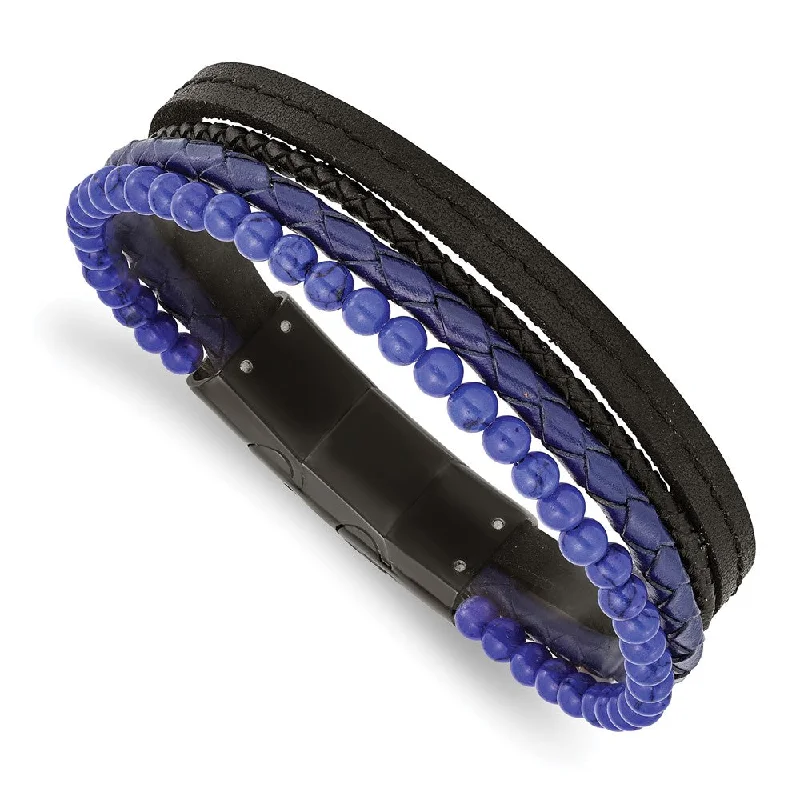 Sparkle In Style With Our Best Jewelry Deals Black Plated Stainless Steel, Lapis, Leather Strand Bracelet, 7.5-8 In