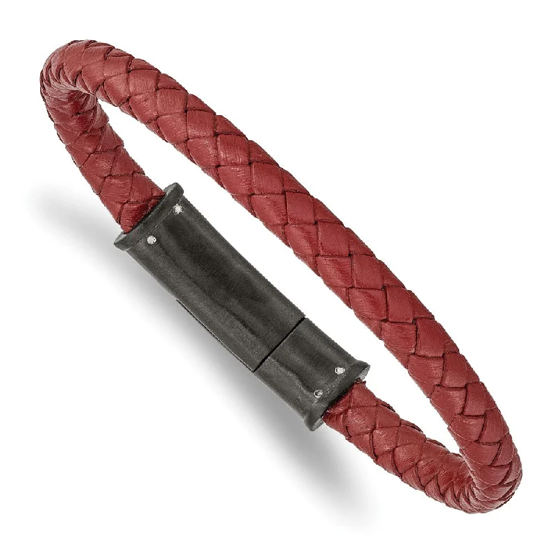 The Perfect Jewelry Piece At The Perfect Discount Black Plated Stainless Steel, Red Leather 6mm Braided Bracelet, 8.5 In