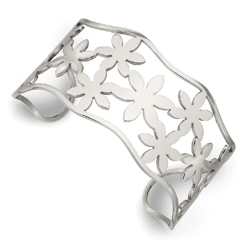 Limited-Stock Jewelry Sale – Once It's Gone, It's Gone Stainless Steel 35mm Open Flowers Cuff Bangle Bracelet