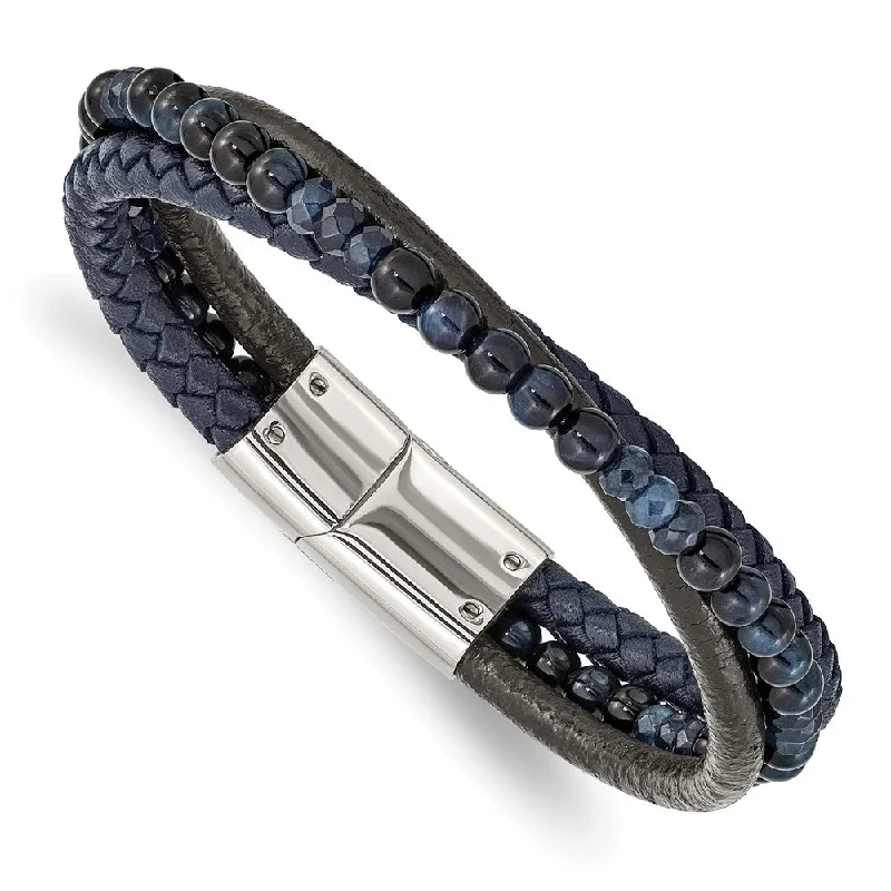 Best-Selling Jewelry Styles Now At Exclusive Discounts Stainless Steel, Blue Chalcedony/Tiger's Eye Leather Bracelet, 8.25 In