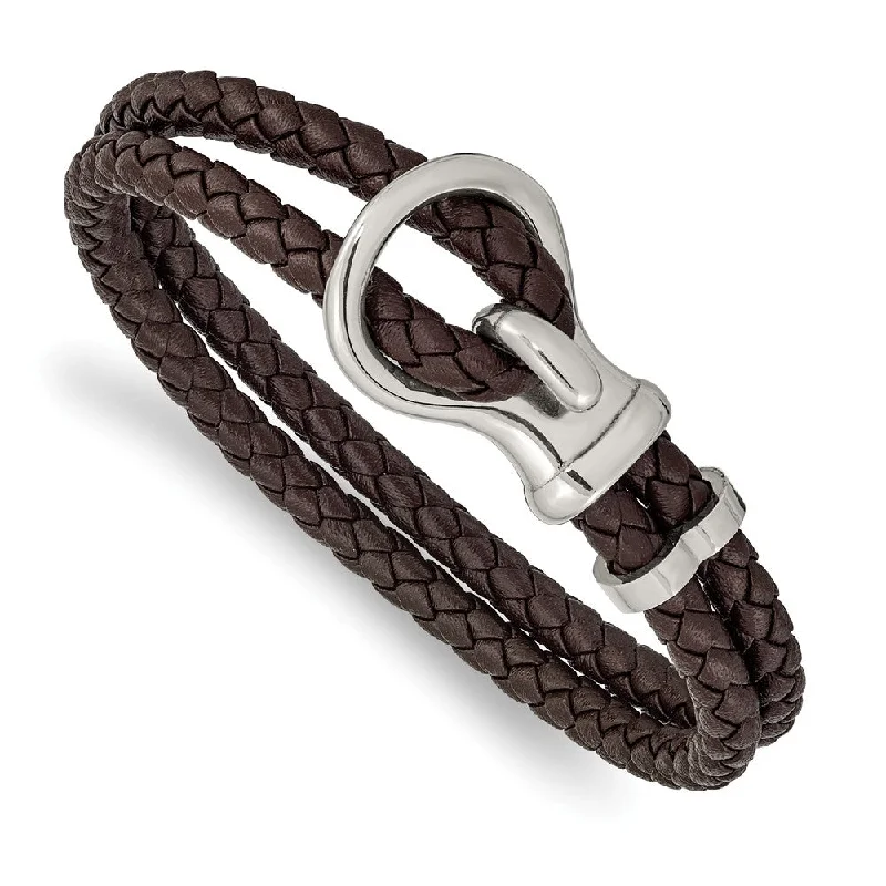 Sparkle For Less – Shop Jewelry Deals Now Stainless Steel & Braided Brown Leather Fancy Hook Bracelet, 8 Inch