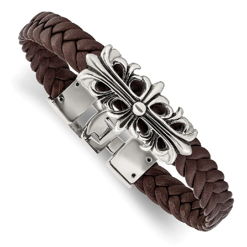 Buy More, Save More On Stunning Jewelry Pieces Stainless Steel & Brown Leather Fleur de Lis Cross Bracelet, 8.5 Inch