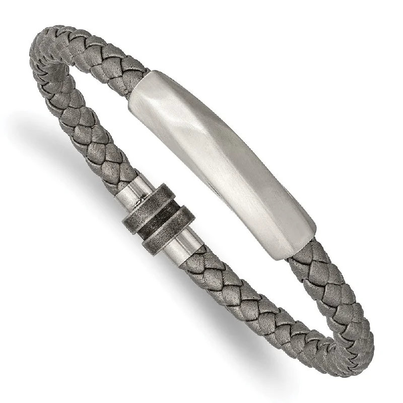 Luxury Meets Affordability – Jewelry Sale Live Now Stainless Steel & Gray Leather Brushed Freeform Tube Bracelet, 8.25 In