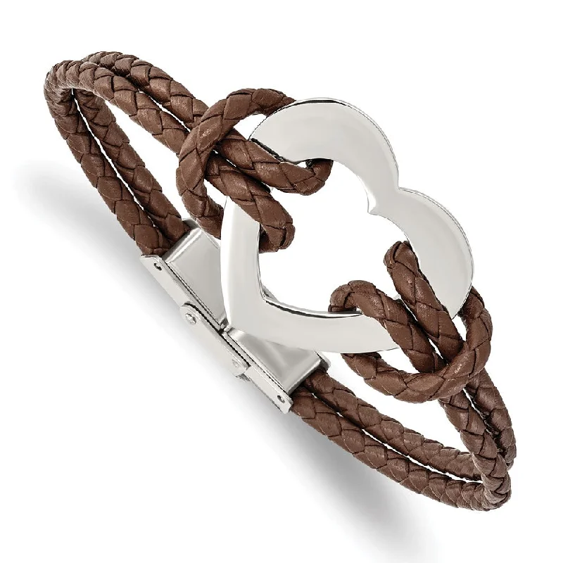 Clearance Sale On High-End Jewelry Collections Stainless Steel Heart and Brown Leather Bracelet, 7.5 Inch