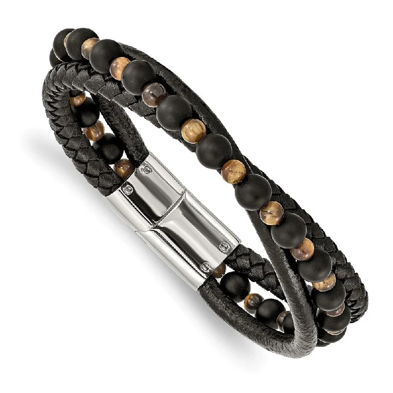 Upgrade Your Collection With Our Limited-Time Jewelry Sale Stainless Steel, Tiger's Eye/Black Agate & Leather Bracelet, 8.25 Inch