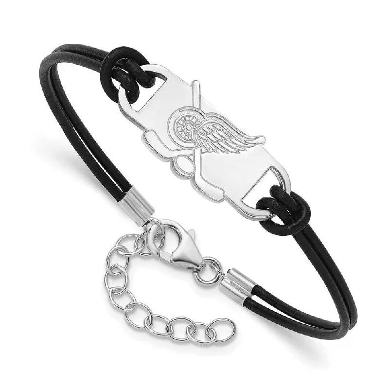 Fine Jewelry, Limited-Time Offers Available Sterling Silver Rh. Plated NHL Detroit Red Wings Leather Bracelet 7 In