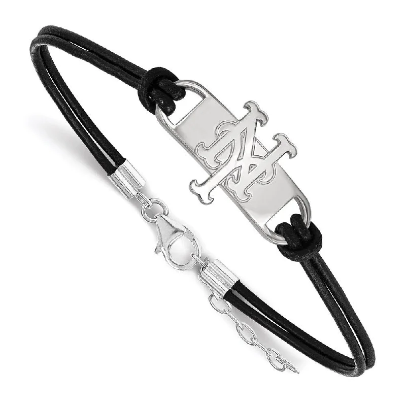 Sparkle On A Budget – Fine Jewelry For Less Sterling Silver Rhodium MLB New York Mets Leather Bracelet, 7 Inch