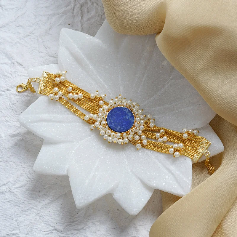 Affordable Gold-Plated Jewelry For Modern Fashion Teejh Eiravathi Blue Studded Layered Chain Pearl Bracelet