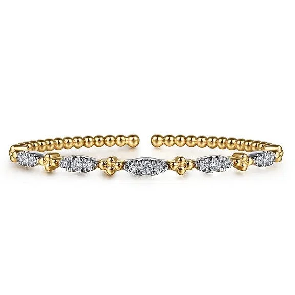 Handcrafted Beauty At Affordable Prices 14K White Yellow Gold Bujukan Beads and Diamond Station Split Bangle Bracelet