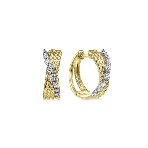 Classic And Modern Jewelry Styles On Sale 14K Yellow-White Gold Twisted 15mm Diamond Huggie Earrings