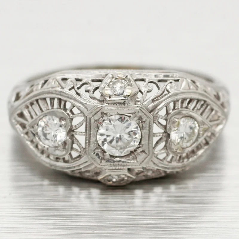 Big Discounts On Elegant Jewelry Collections Antique Art Deco 0.40ctw Diamond Three Stone Band Ring - 18k White Gold Big Discounts On Elegant Jewelry Collections Antique Art Deco 0.40ctw Diamond Three Stone Band Ring - 18k White Gold