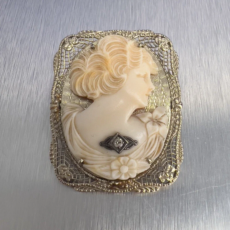 Don't Miss Out On Jaw-Dropping Jewelry Discounts Antique 14k White Gold Porcelain Cameo Diamond Reversible Filigree Pendant / Pin Don't Miss Out On Jaw-Dropping Jewelry Discounts Antique 14k White Gold Porcelain Cameo Diamond Reversible Filigree Pendant / Pin