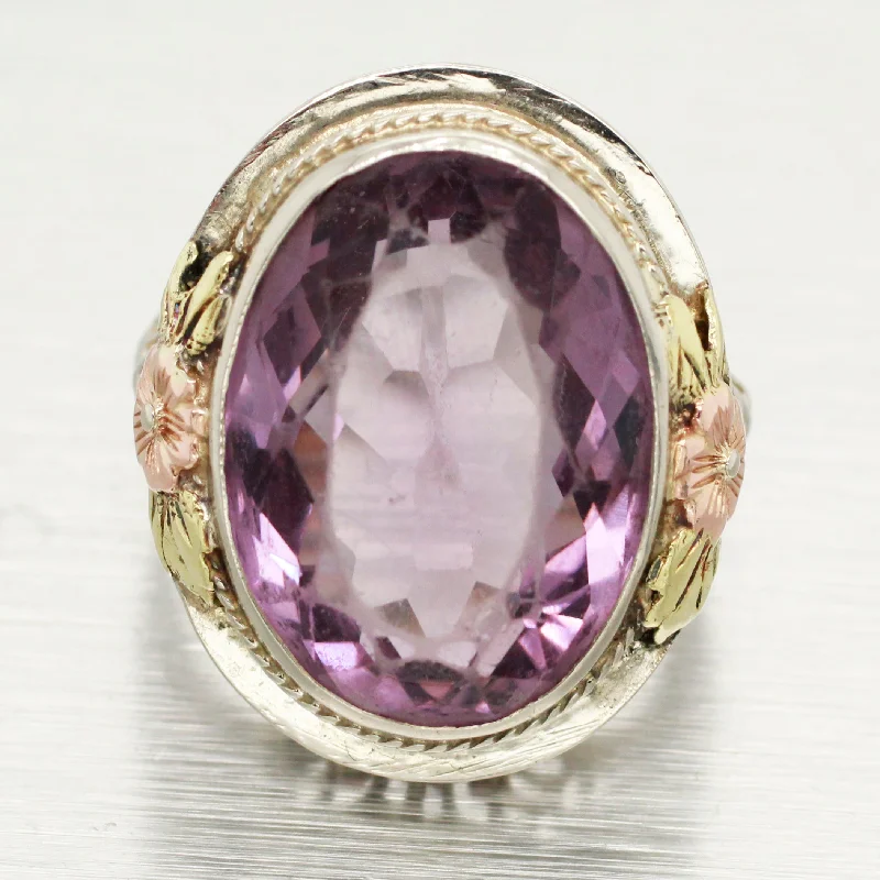 Bohemian-Inspired Jewelry For Free-Spirited Fashion Antique Art Deco Amethyst Cocktail Ring | 14k Tri-Tone Gold Flower Filigree Bohemian-Inspired Jewelry For Free-Spirited Fashion Antique Art Deco Amethyst Cocktail Ring | 14k Tri-Tone Gold Flower Filigree
