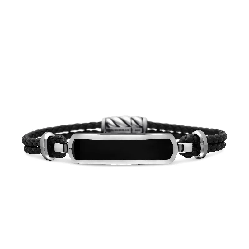 The Ultimate Jewelry Sale – Exclusive Styles At Great Prices Exotic Stone Bar Station Bracelet in Black Leather with Sterling Silver and Black Onyx\, 3mm