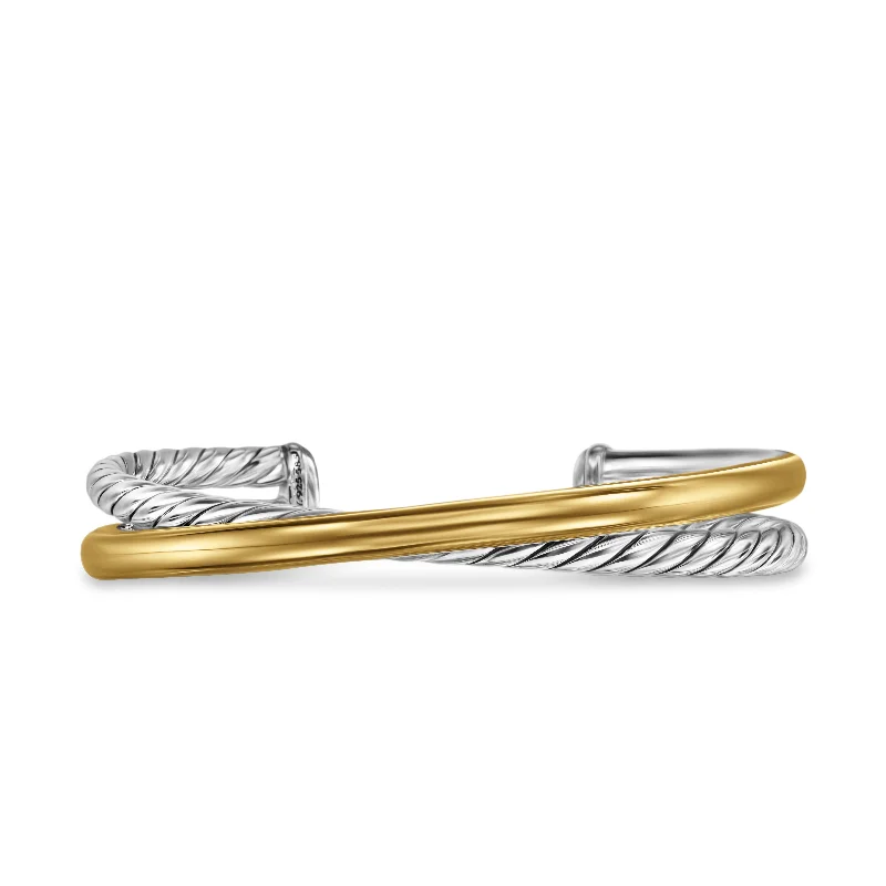 Modern Statement Jewelry For Bold Styling Crossover Two Row Cuff Bracelet in Sterling Silver with 14K Yellow Gold\, 11mm