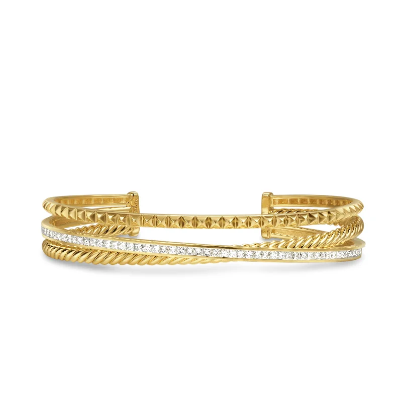 Premium Jewelry At Promotional Prices – Shine Today Crossover Trio Three Row Cuff Bracelet in 18K Yellow Gold with Diamonds\, 11mm