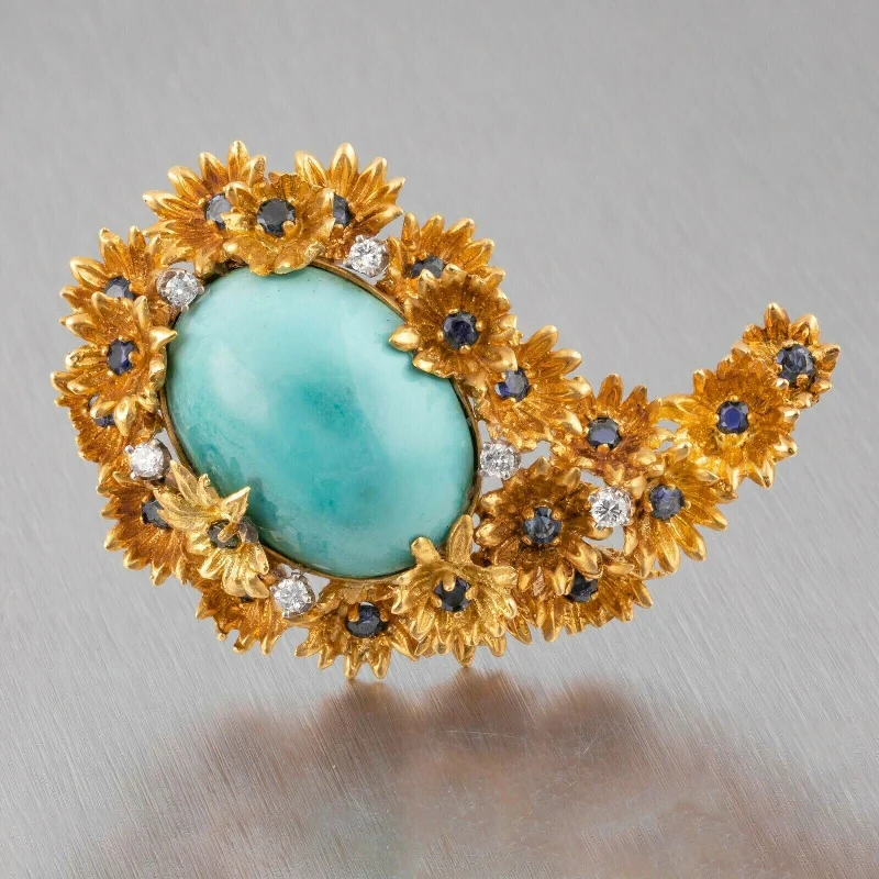 Chic, Trendy, And Affordable Jewelry Sale Boris Le Beau 18k Yellow Gold Sapphire Diamond Turquoise Flower Brooch Pin RARE Chic, Trendy, And Affordable Jewelry Sale Boris Le Beau 18k Yellow Gold Sapphire Diamond Turquoise Flower Brooch Pin RARE