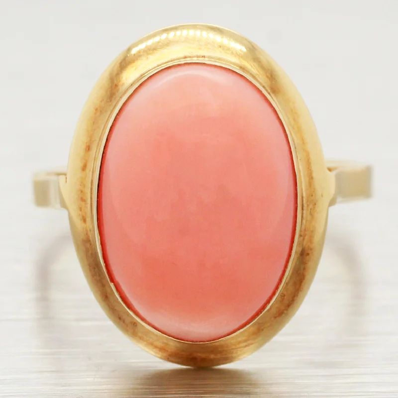 Timeless Beauty, Unbeatable Deals – Jewelry Sale On Vintage Angel Skin Coral Oval Cocktail Ring - 18k Yellow Gold - Size 5.75 Timeless Beauty, Unbeatable Deals – Jewelry Sale On Vintage Angel Skin Coral Oval Cocktail Ring - 18k Yellow Gold - Size 5.75