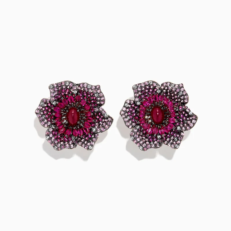 Stunning Jewelry Pieces At The Lowest Prices Ever 14K Rose Gold Ruby, Sapphire and Diamond Flower Earrings, 11.71 TCW Stunning Jewelry Pieces At The Lowest Prices Ever 14K Rose Gold Ruby, Sapphire and Diamond Flower Earrings, 11.71 TCW