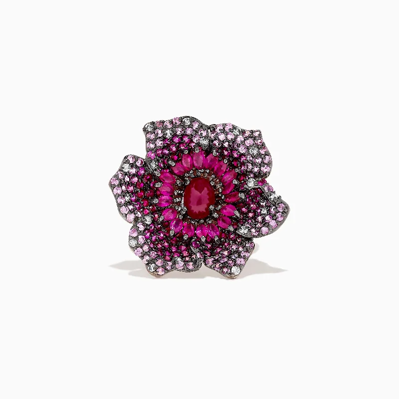Everyday Jewelry Essentials Now On Sale 14K Rose Gold Ruby, Sapphire and Diamond Flower Ring, 5.92 TCW Everyday Jewelry Essentials Now On Sale 14K Rose Gold Ruby, Sapphire and Diamond Flower Ring, 5.92 TCW