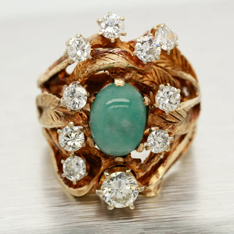 Get Your Favorite Jewelry At The Best Price Vintage Brutalist 1.90ct Jade & Diamond Leaf Motif Ring - 14k Yellow Gold Band Get Your Favorite Jewelry At The Best Price Vintage Brutalist 1.90ct Jade & Diamond Leaf Motif Ring - 14k Yellow Gold Band