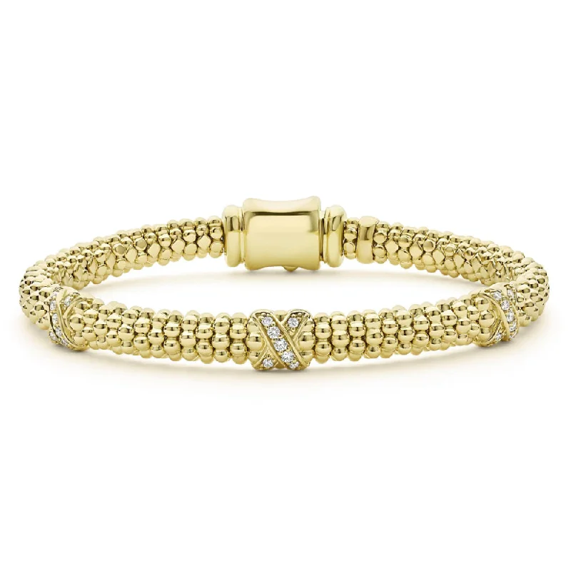 Dainty And Elegant Jewelry Now At Reduced Prices Lagos Embrace 18k Gold Three Station X Diamond Caviar Bracelet, 6mm