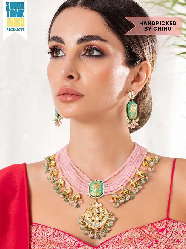 Personalized Engraved Jewelry For Meaningful Gifts Rubans Gold Plated Handcrafted Enamel & Kundan Pink Beads Necklace Set Personalized Engraved Jewelry For Meaningful Gifts Rubans Gold Plated Handcrafted Enamel & Kundan Pink Beads Necklace Set