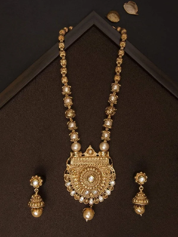 Luxury Jewelry Without The Luxury Price Tag Rubans Gold Plated Traditional Handcrafted Filigree With Pearl And Rhinestone Necklace Set With Maang Tikka Luxury Jewelry Without The Luxury Price Tag Rubans Gold Plated Traditional Handcrafted Filigree With Pearl And Rhinestone Necklace Set With Maang Tikka