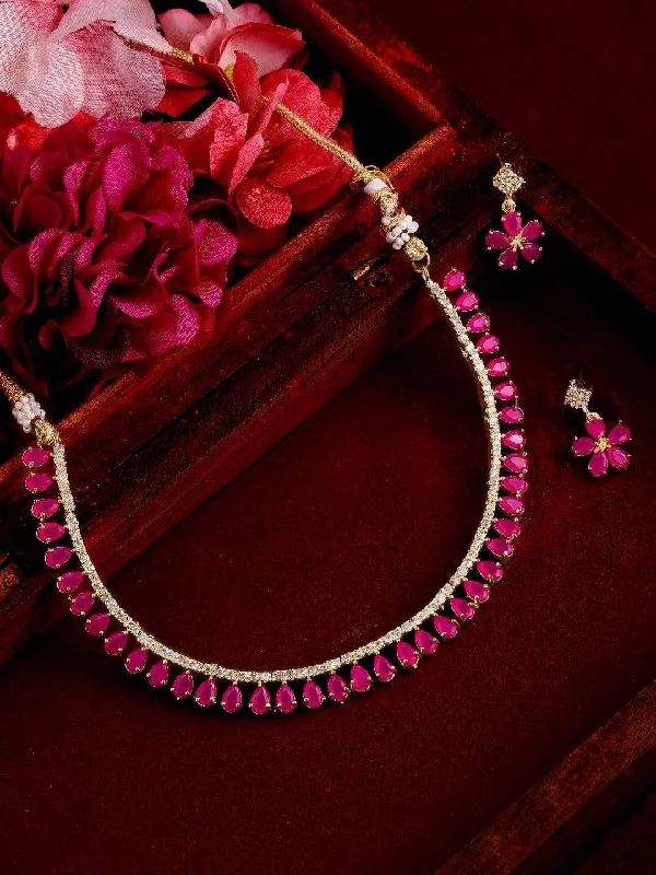 Stunning Statement Jewelry, Unbeatable Discounts Rubans Gold-Toned & Pink CZ Stone-Studded Necklace Set Stunning Statement Jewelry, Unbeatable Discounts Rubans Gold-Toned & Pink CZ Stone-Studded Necklace Set