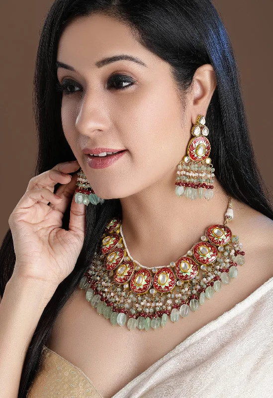 Luxury Handcrafted Jewelry For Elegant Looks Rubans LUXURY Intricately Handcrafted 22Kt Gold Plated Traditional Red And Green Necklace Set Luxury Handcrafted Jewelry For Elegant Looks Rubans LUXURY Intricately Handcrafted 22Kt Gold Plated Traditional Red And Green Necklace Set