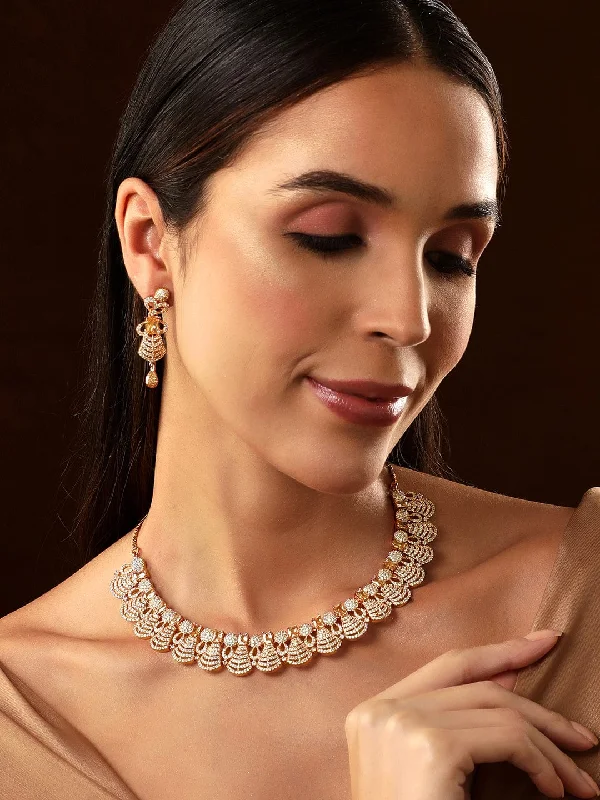 Clearance Sale On High-End Jewelry Collections Rubans Rose Gold Plated Appealing CZ Studded Contemporary Necklace Set Clearance Sale On High-End Jewelry Collections Rubans Rose Gold Plated Appealing CZ Studded Contemporary Necklace Set