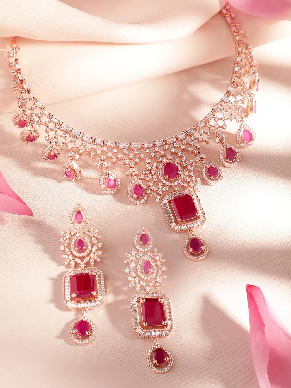 Exclusive Online Discounts On Stylish Jewelry Rubans Rose Gold Plated CZ Studded Emerald Statement Necklace Set Exclusive Online Discounts On Stylish Jewelry Rubans Rose Gold Plated CZ Studded Emerald Statement Necklace Set