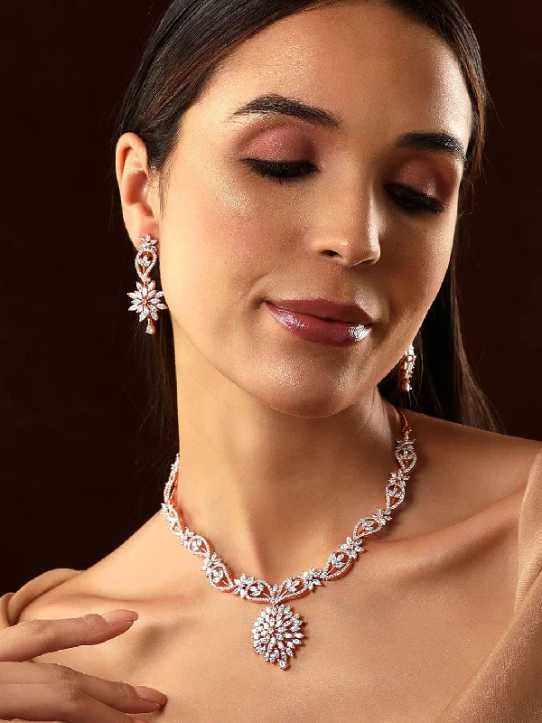 Best-Selling Jewelry Styles Now At Exclusive Discounts Rubans Rose Gold Plated Handcrafted Zircon Stone Studded Floral Necklace Set