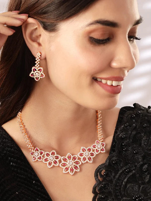 Best Jewelry Sale – Shop Exclusive Designs Now Rubans Rose Gold Plated Pleasing CZ Studded Statement Floral Necklace Set Best Jewelry Sale – Shop Exclusive Designs Now Rubans Rose Gold Plated Pleasing CZ Studded Statement Floral Necklace Set