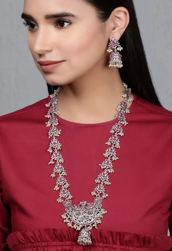 Huge Savings On Timeless Jewelry Collections Rubans Silver Toned Pink Colour Stone Necklace Set Huge Savings On Timeless Jewelry Collections Rubans Silver Toned Pink Colour Stone Necklace Set