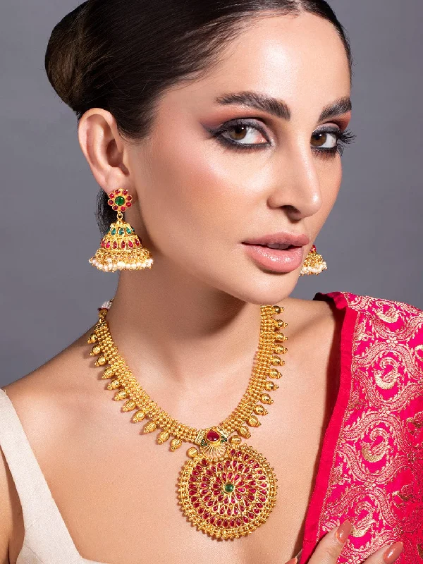 High-End Sparkle, Low-End Prices – Jewelry Sale Live Rubans Traditional Gold Plated Faux Ruby And Emerald Studded Necklace Set High-End Sparkle, Low-End Prices – Jewelry Sale Live Rubans Traditional Gold Plated Faux Ruby And Emerald Studded Necklace Set